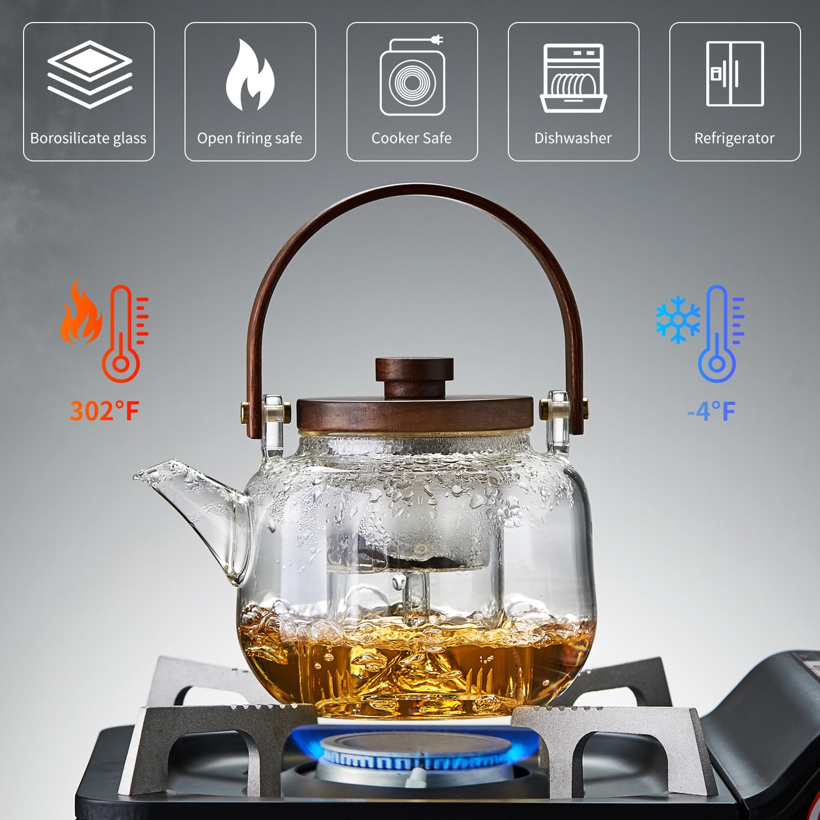 Clear view glass teapot showing tea steeping