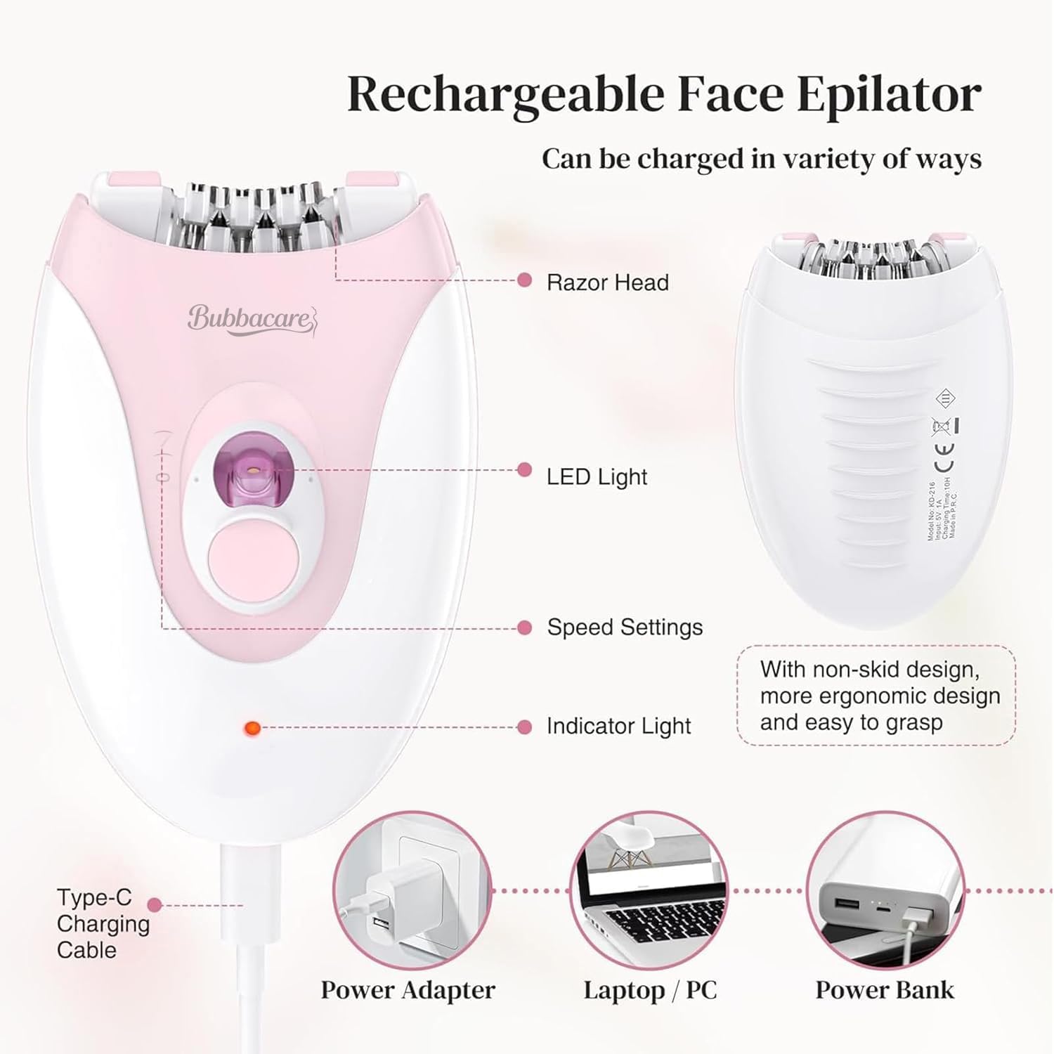 Ergonomic anti-slip grip on epilator handle