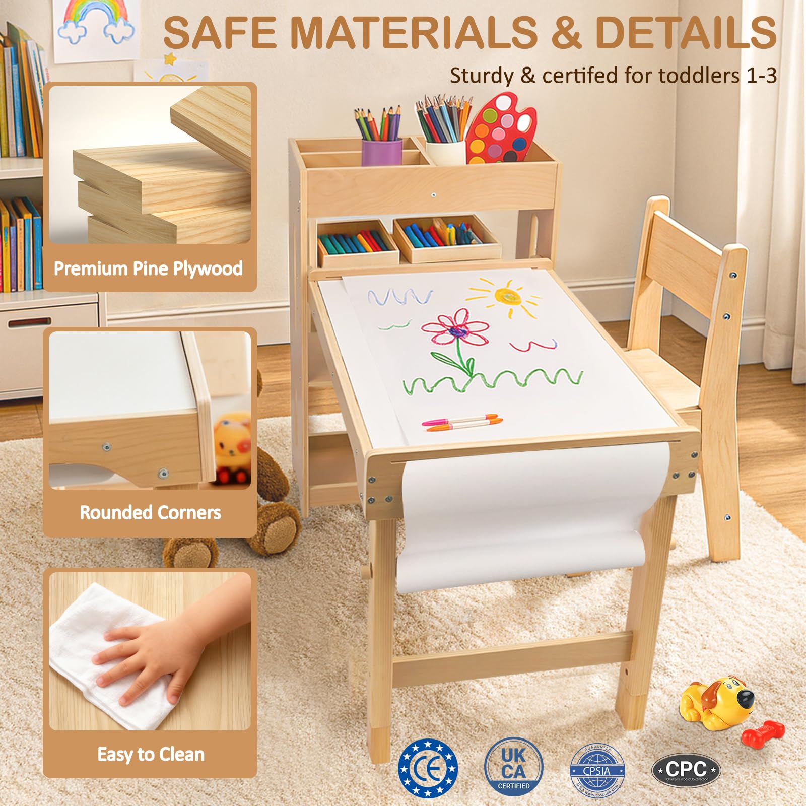 waterproof finish on toddler table with wipe-clean surface