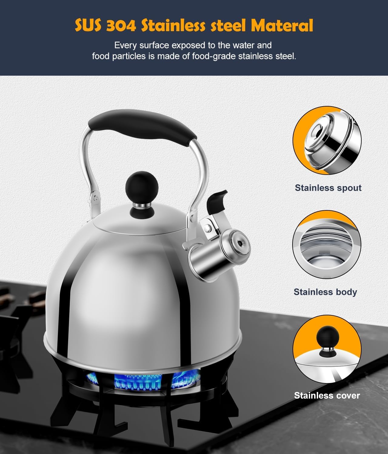 Ergonomic folding handle on stainless steel tea kettle