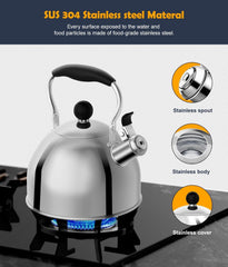 Ergonomic folding handle on stainless steel tea kettle