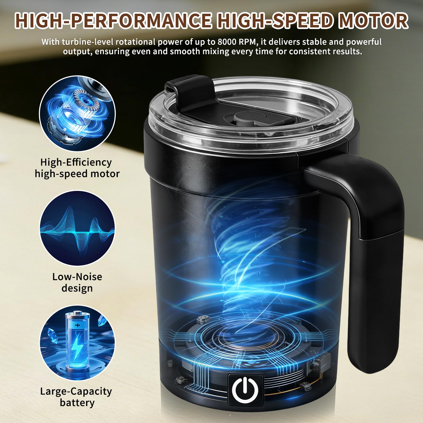 Stirring mug with lid and straw for convenient drinking