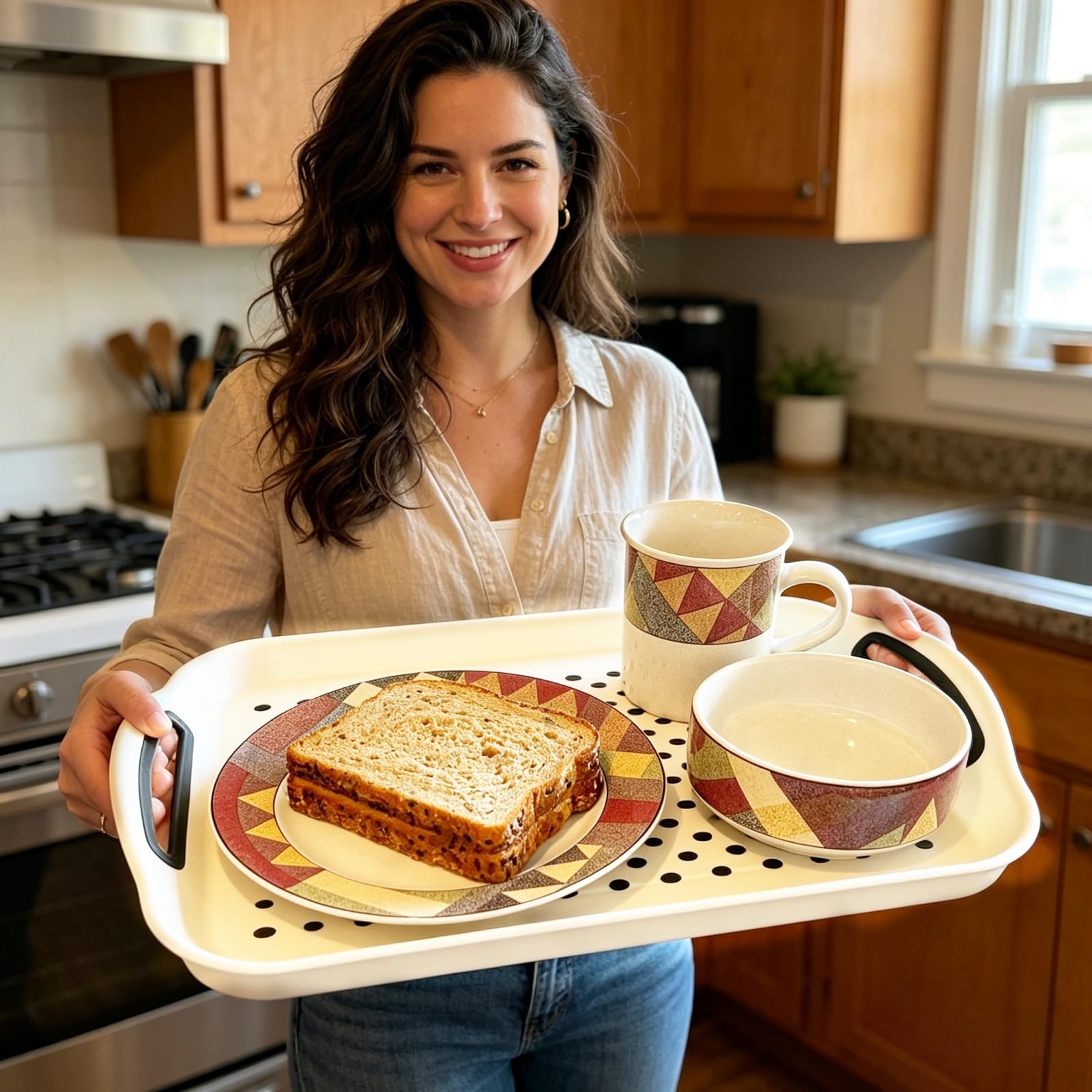 stackable lightweight serving tray for cabinet storage
