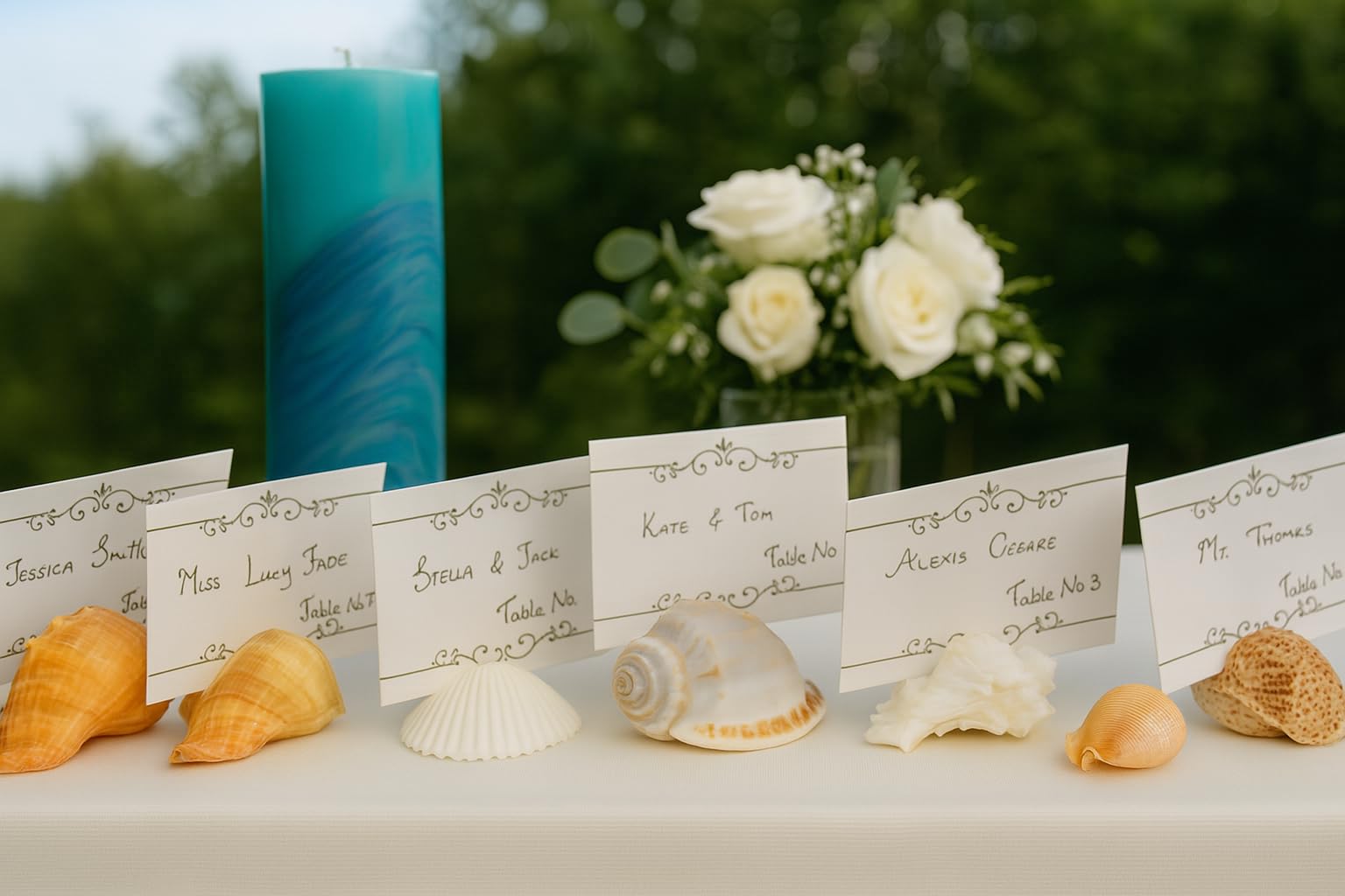 Escort cards presented on coastal charm holders