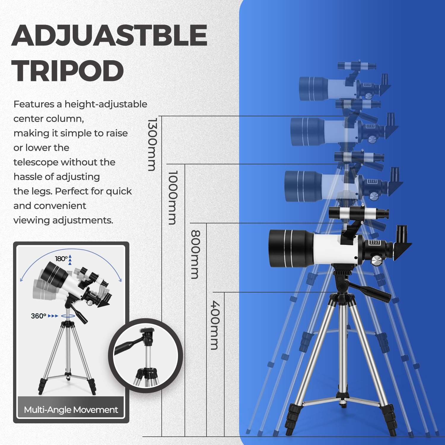 Telescope includes height adjustable tripod and phone adapter