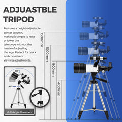 Telescope includes height adjustable tripod and phone adapter