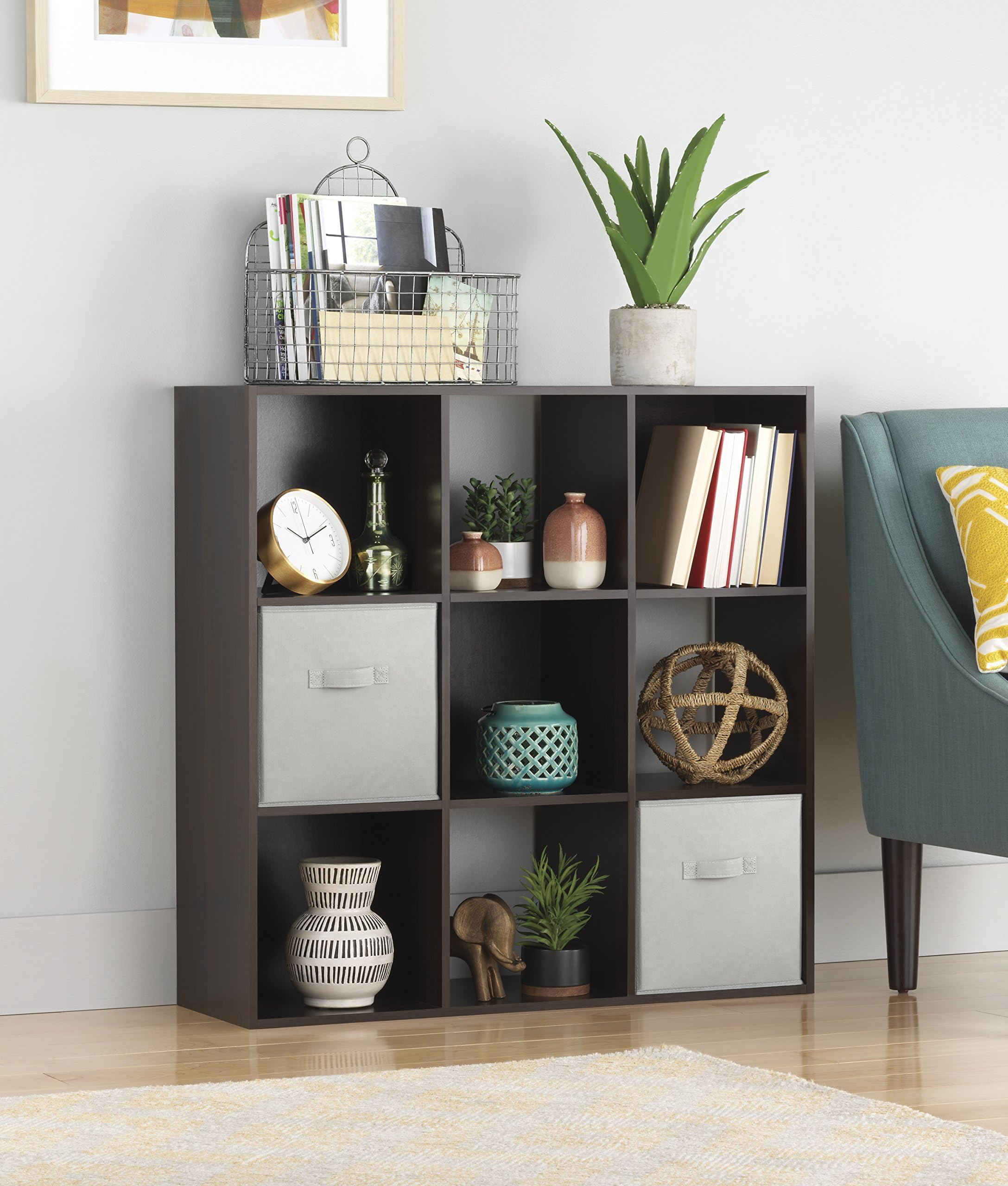 Espresso color open cube display shelves for bedroom or study