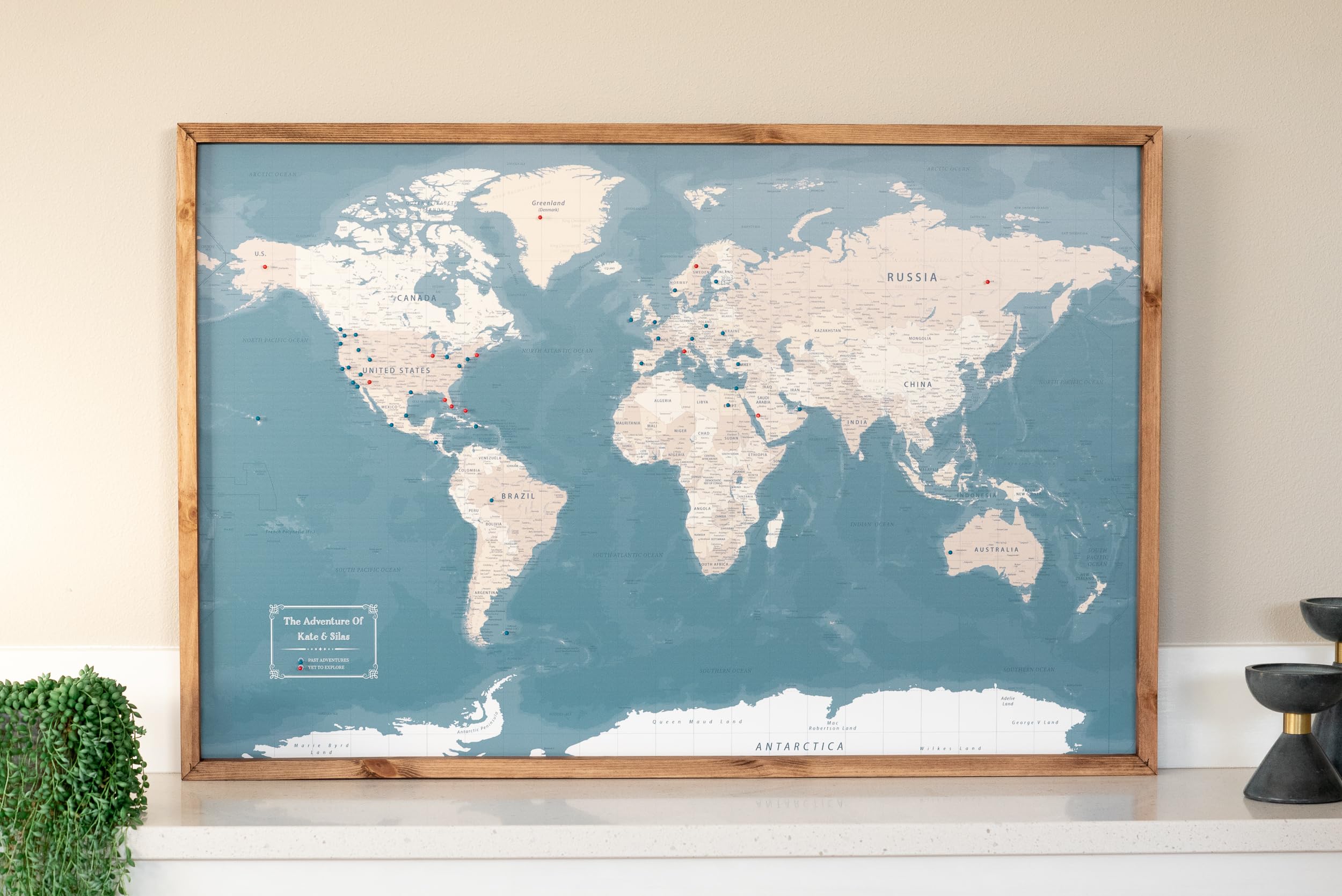 Espresso frame option for Push Pin World Map