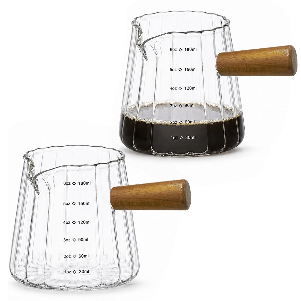 Espresso Measuring Cup Set 2PCS glass with wooden handle front view