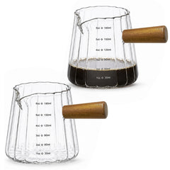 Espresso Measuring Cup Set 2PCS glass with wooden handle front view