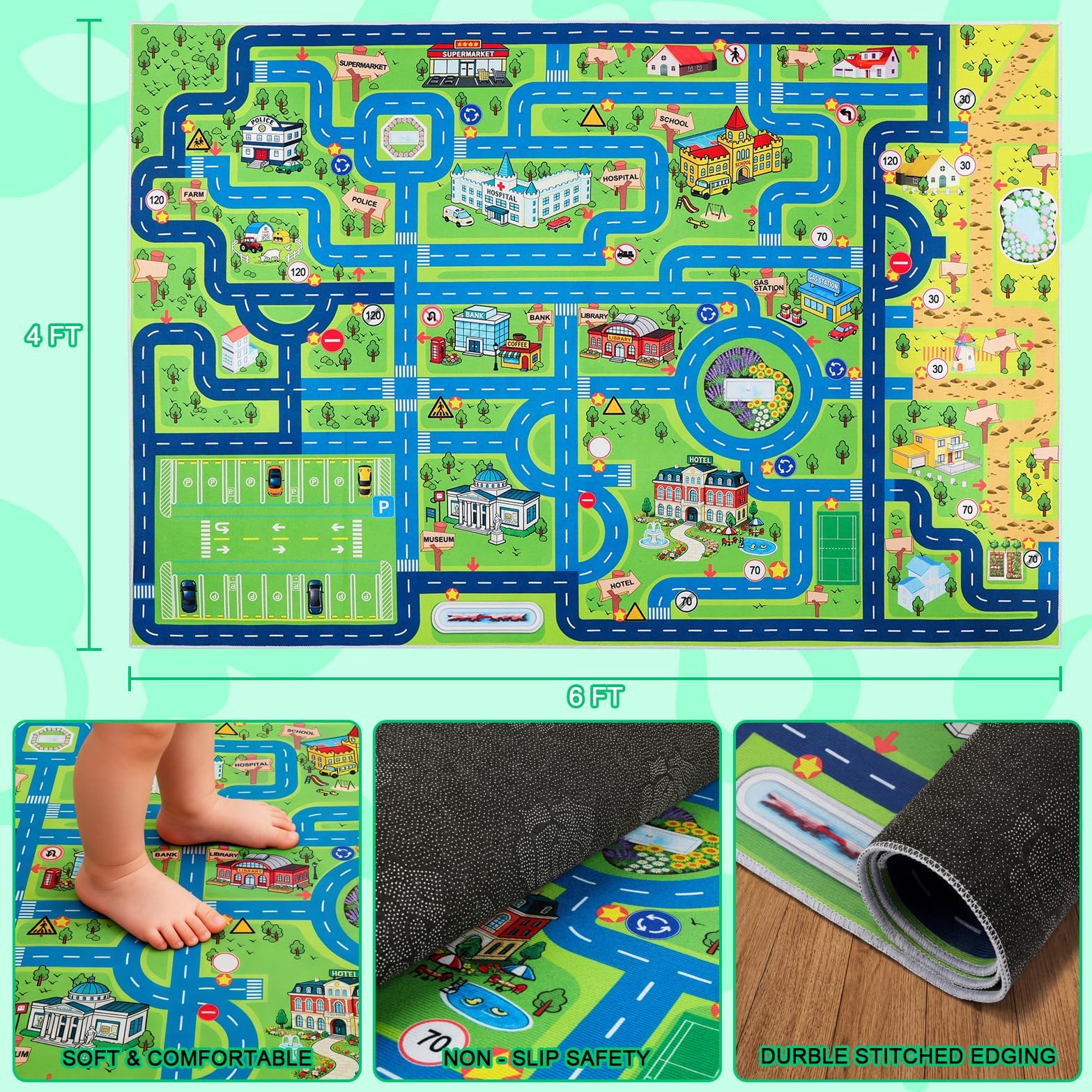 Esup car-themed design on 4x6 kids rug playmat