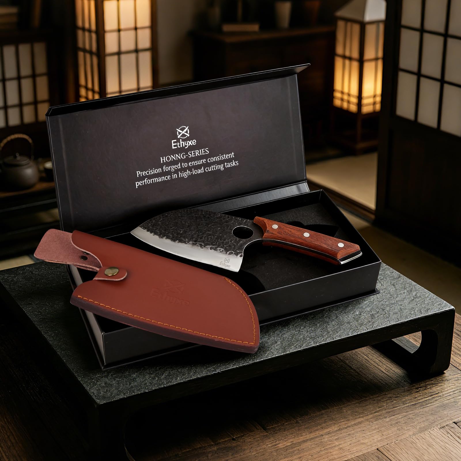 Gift box presentation Ethyxe Serbian Chef Cleaver Knife packaging