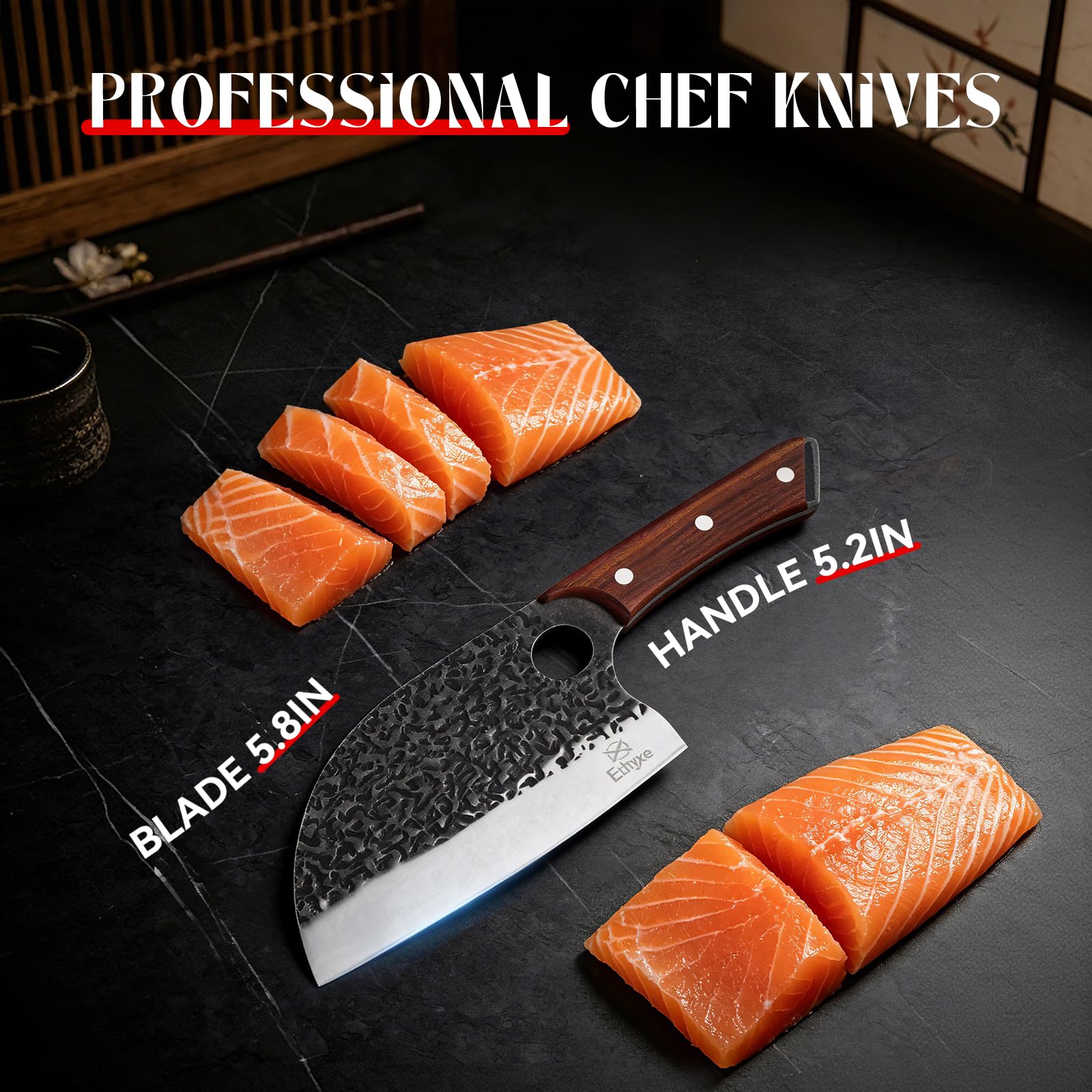 Ethyxe Serbian Chef Cleaver Knife 5.8 inch hammered blade close up with leather sheath