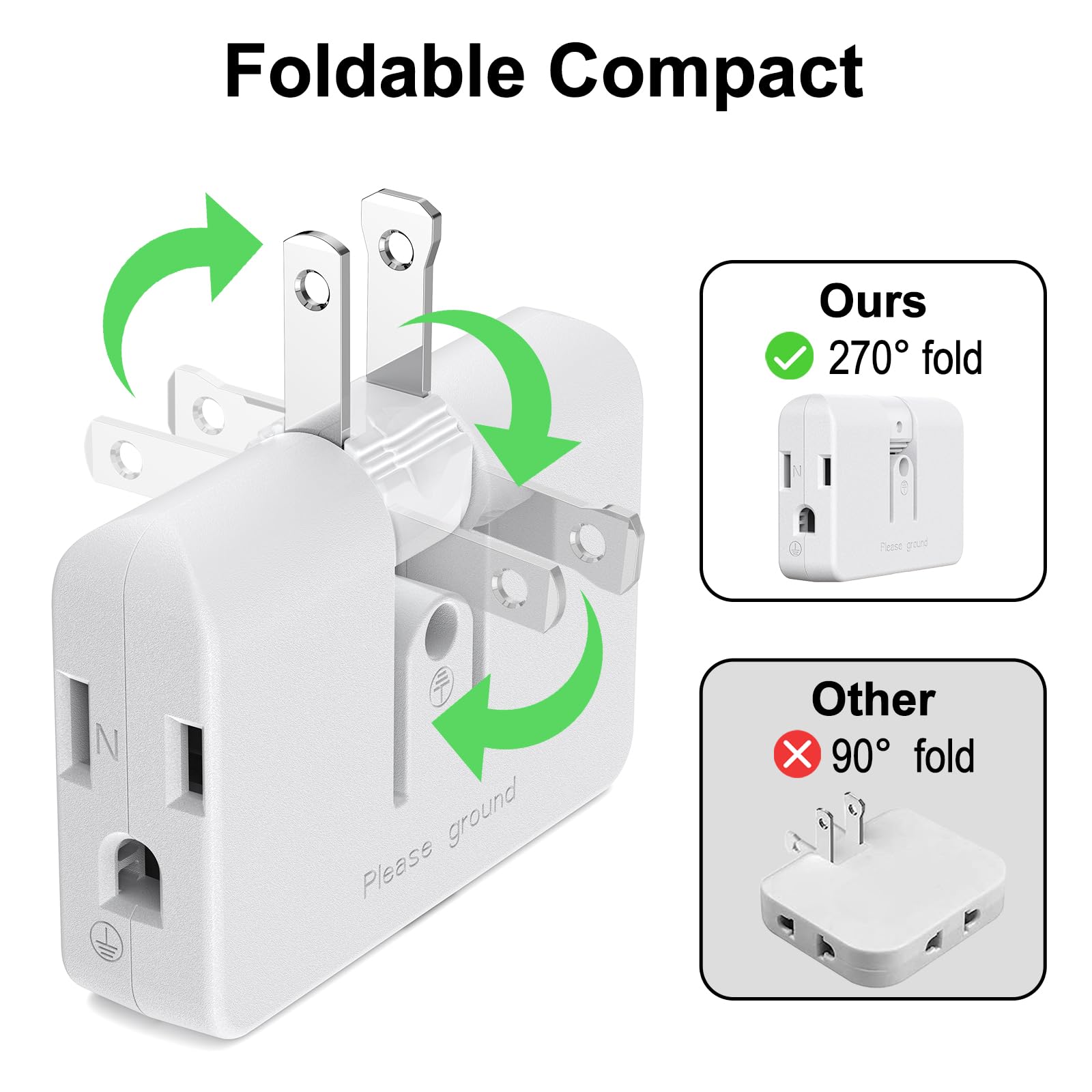 Polarized grounded three-outlet adapter with rotating plug