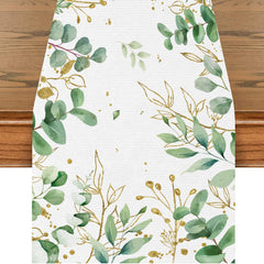 Eucalyptus Table Runner in linen fabric 13x70 inches with spring green leaves