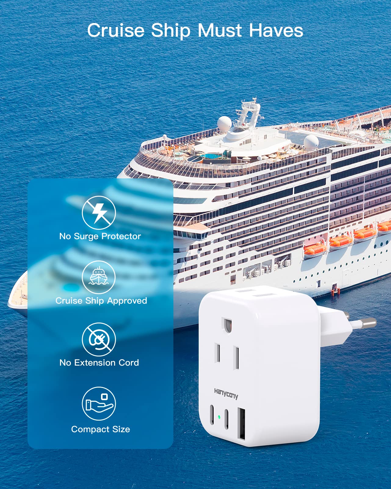 Compact travel plug adapter for cruise ships and trips
