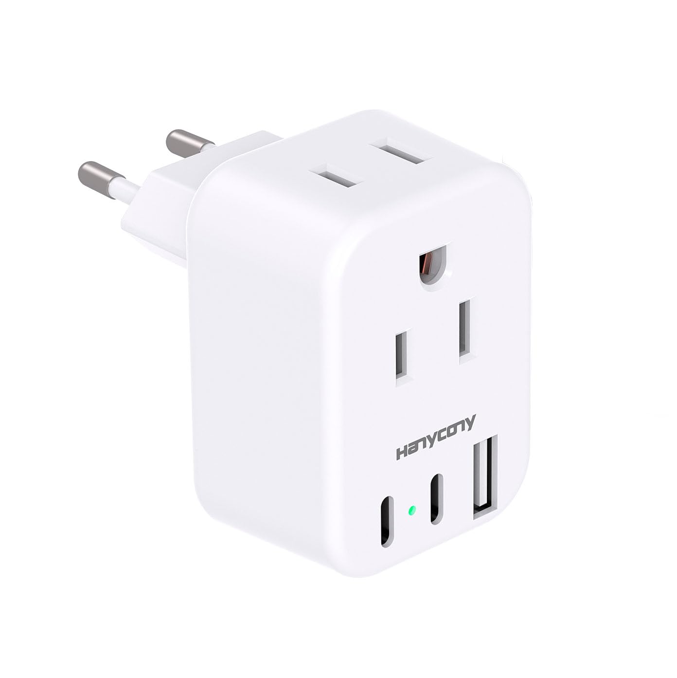 European travel plug adapter with 2 US outlets and 3 USB ports