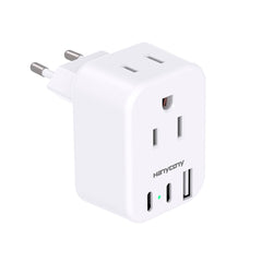 European travel plug adapter with 2 US outlets and 3 USB ports