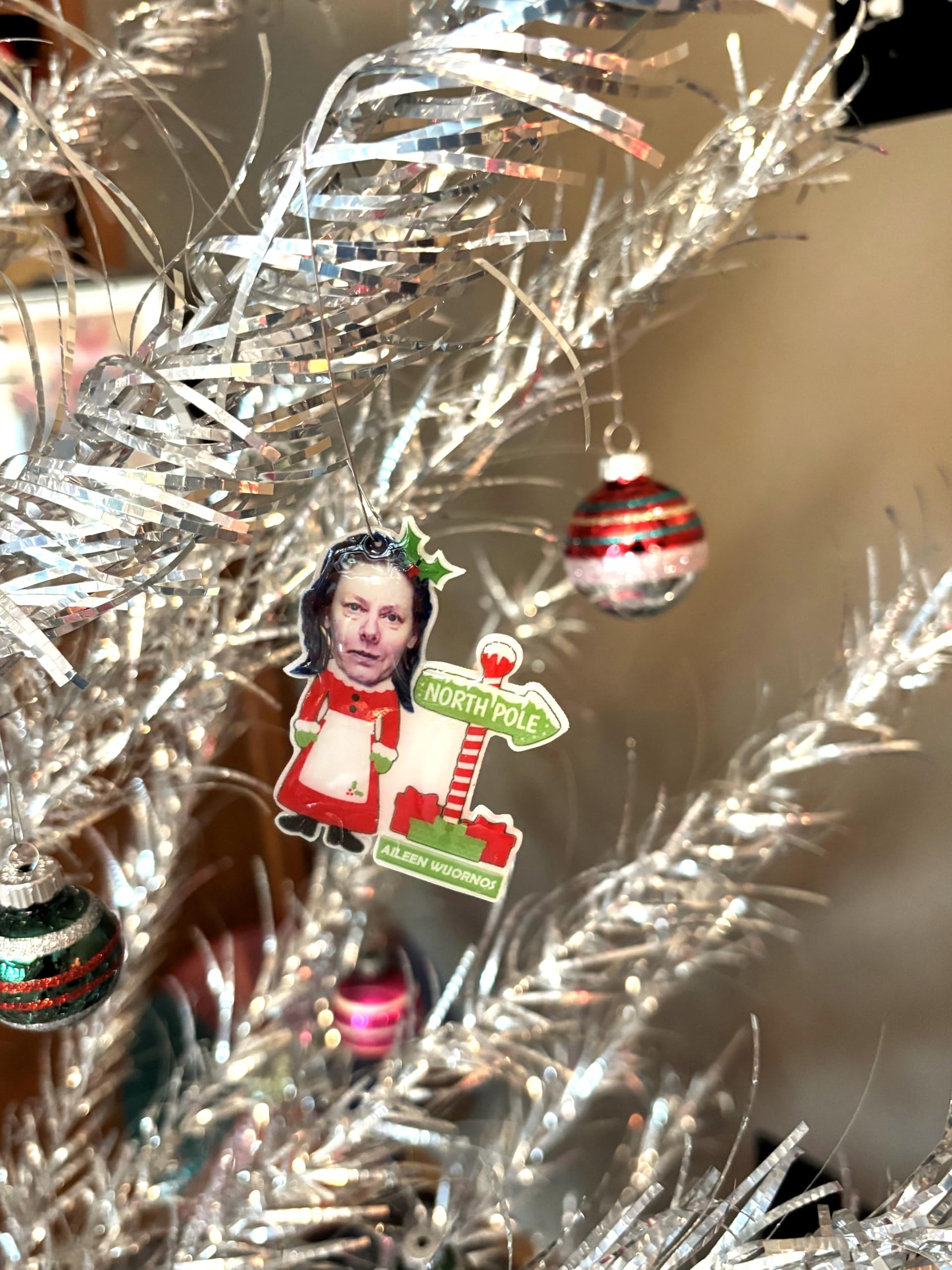vibrant colored true crime christmas ornaments