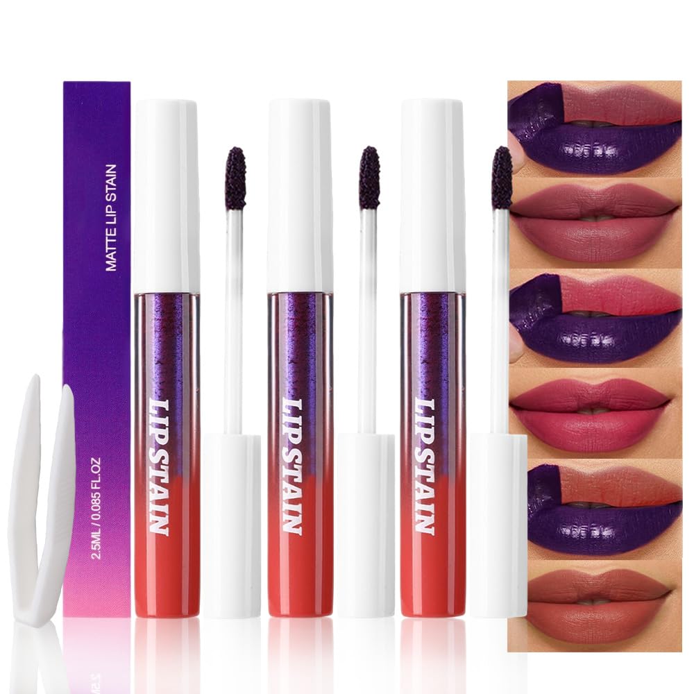 evpct lip stain set 3Pcs maroon mauve red nude brown