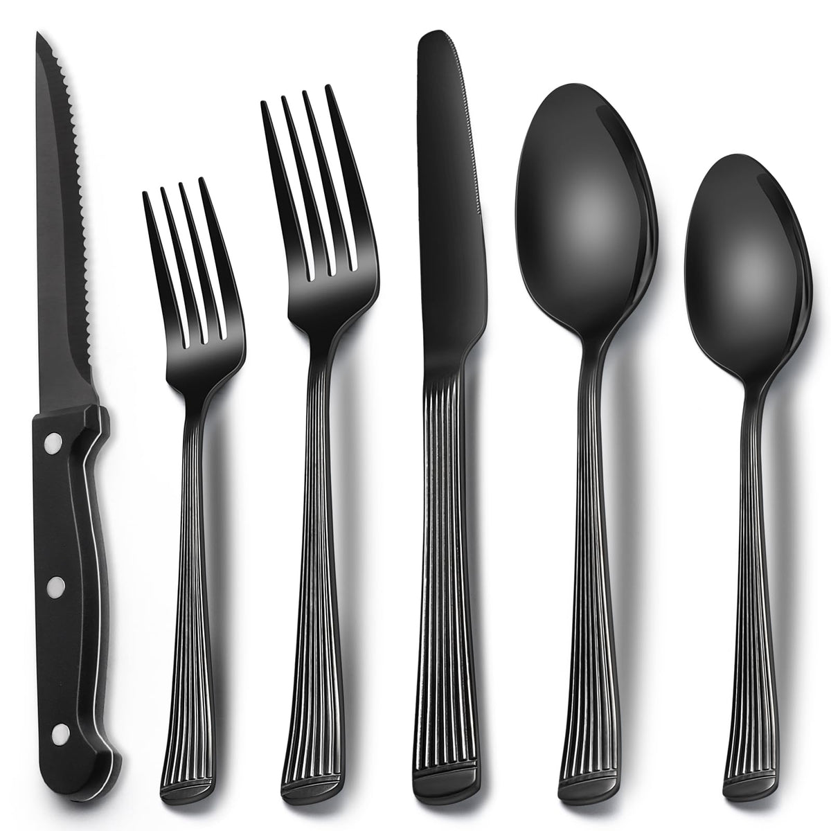 EWFEN 24-Piece Black Silverware Set with Steak Knives for 4