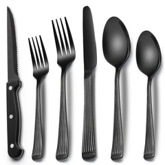 EWFEN 24-Piece Black Silverware Set with Steak Knives for 4