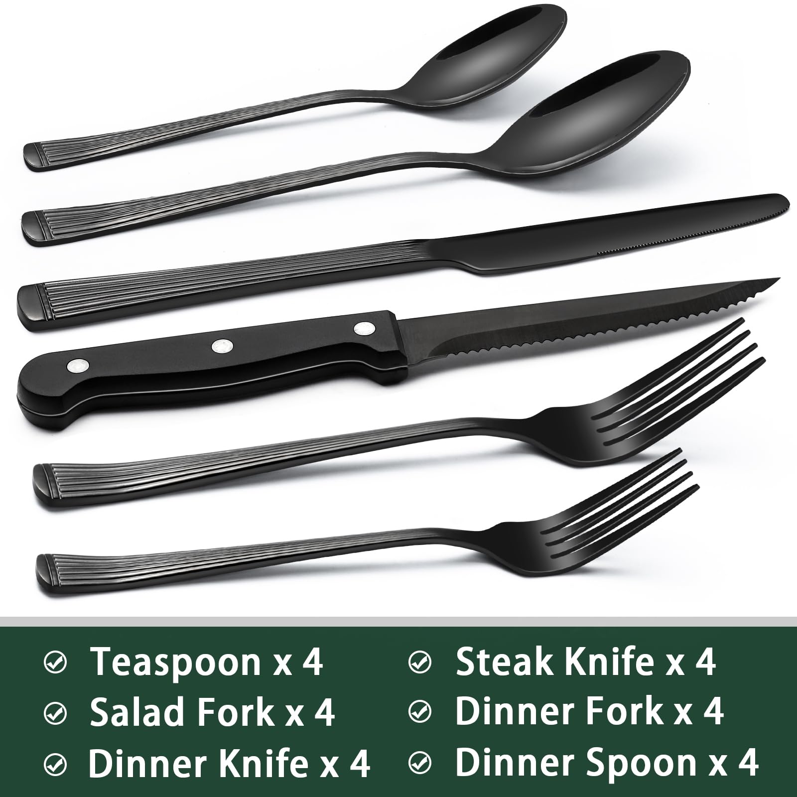 Black flatware set for 4 with steak knives in stainless steel