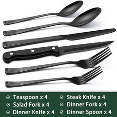 Black flatware set for 4 with steak knives in stainless steel
