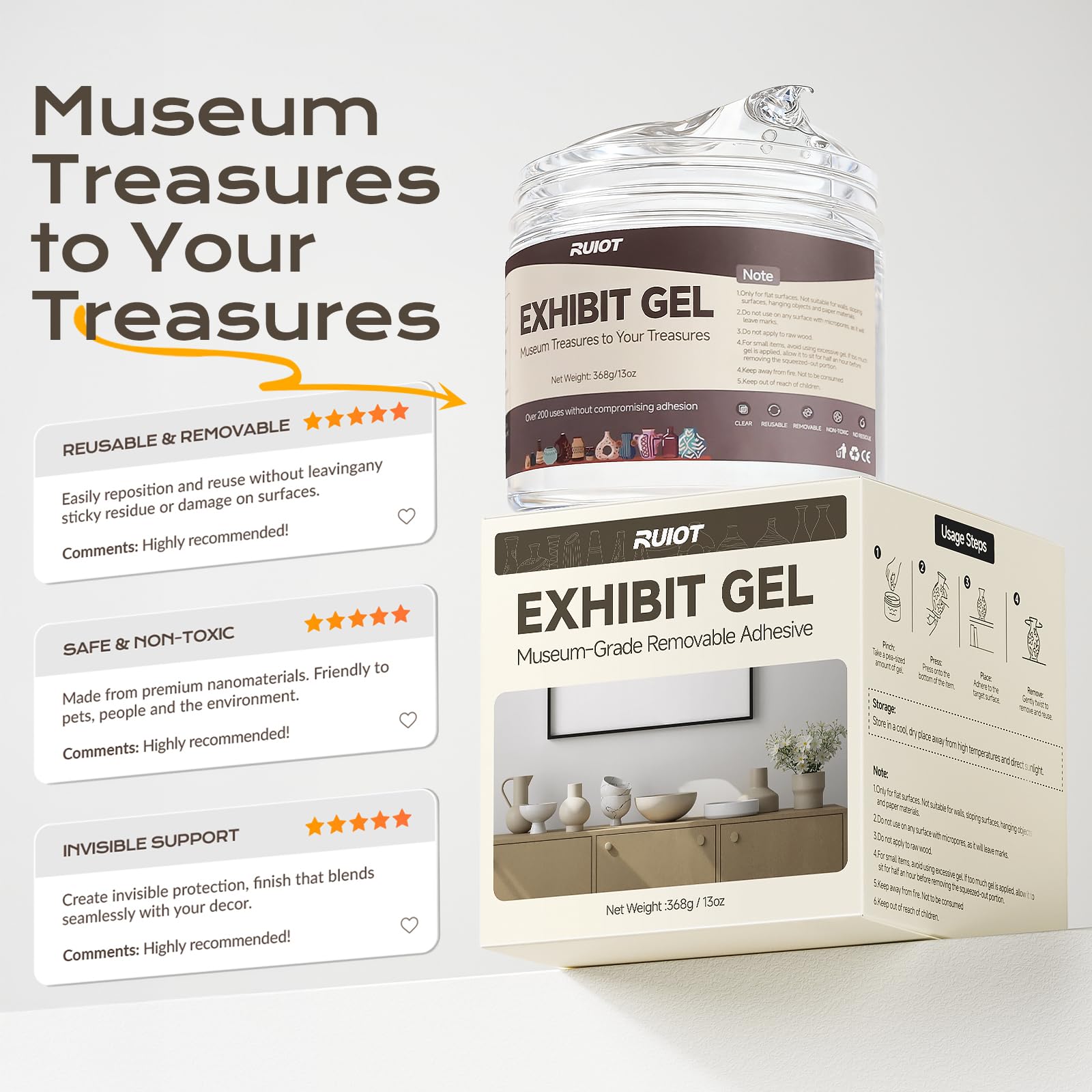 Exhibit gel 13oz applied to bottom of display item
