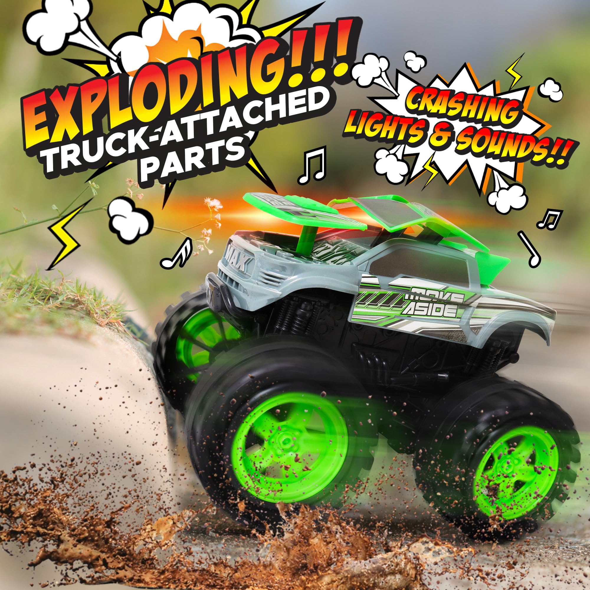 Exploding monster truck toy crash sounds and flashing lights