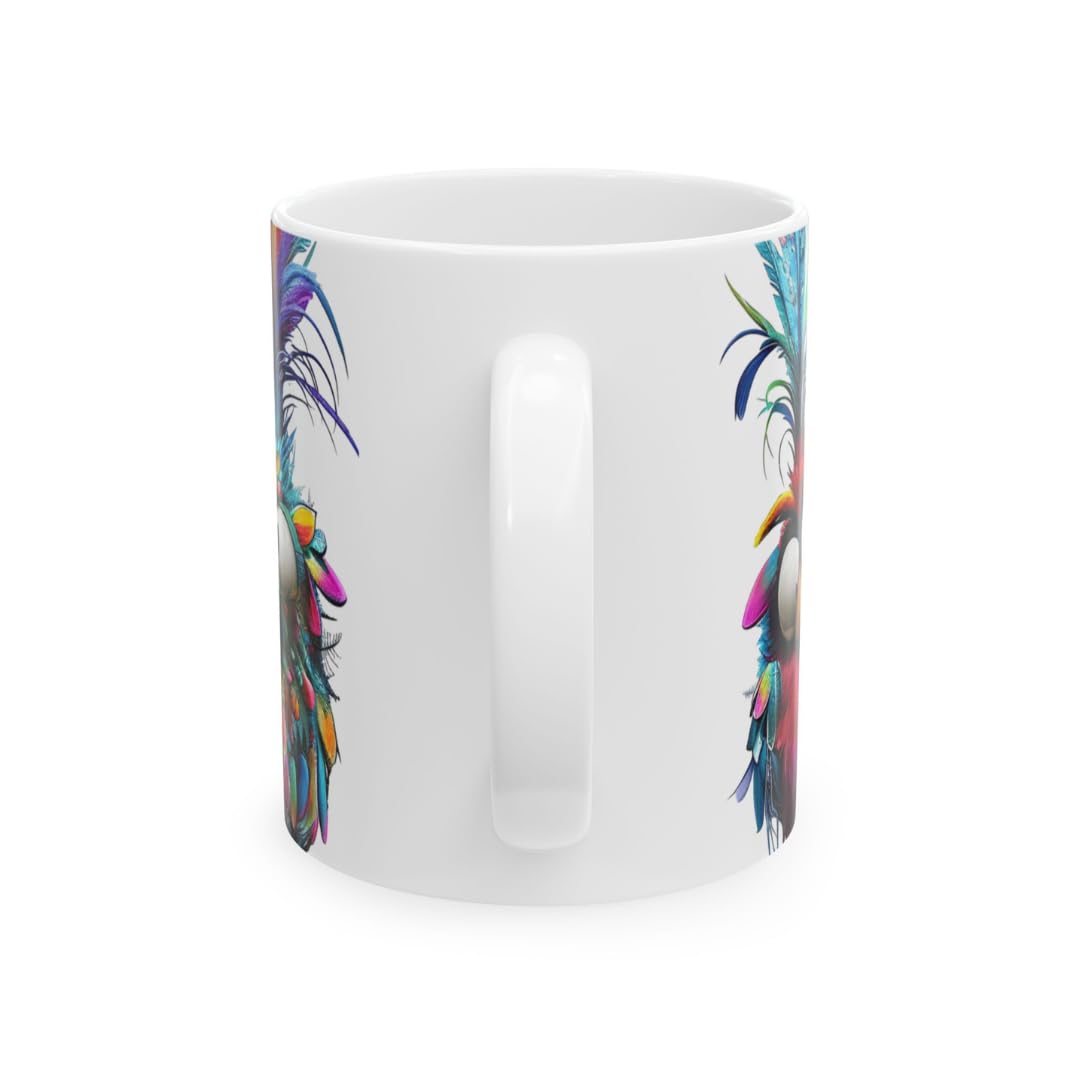 Expressive faces of four birds on mug