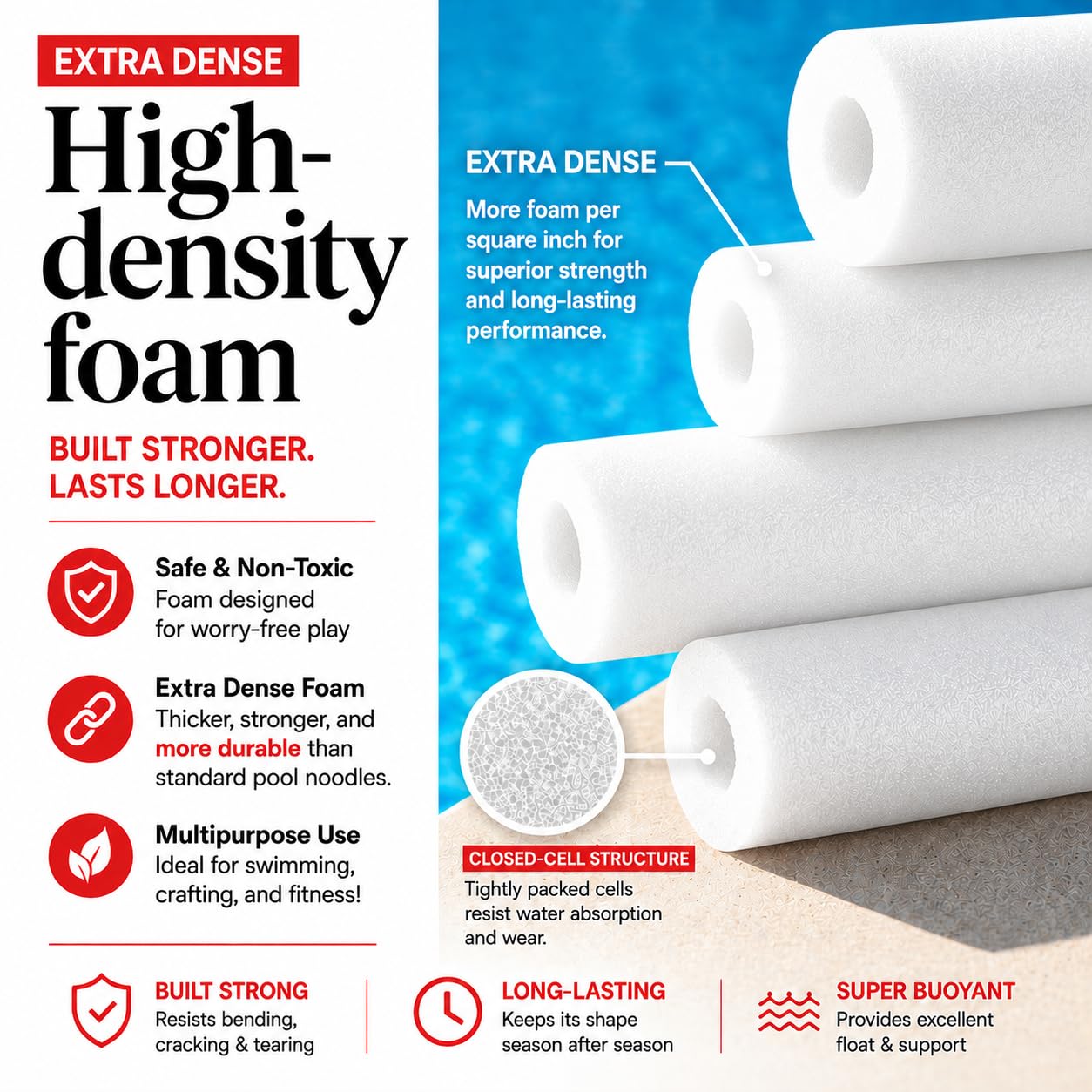 Extra dense foam pool noodle 48 inches long