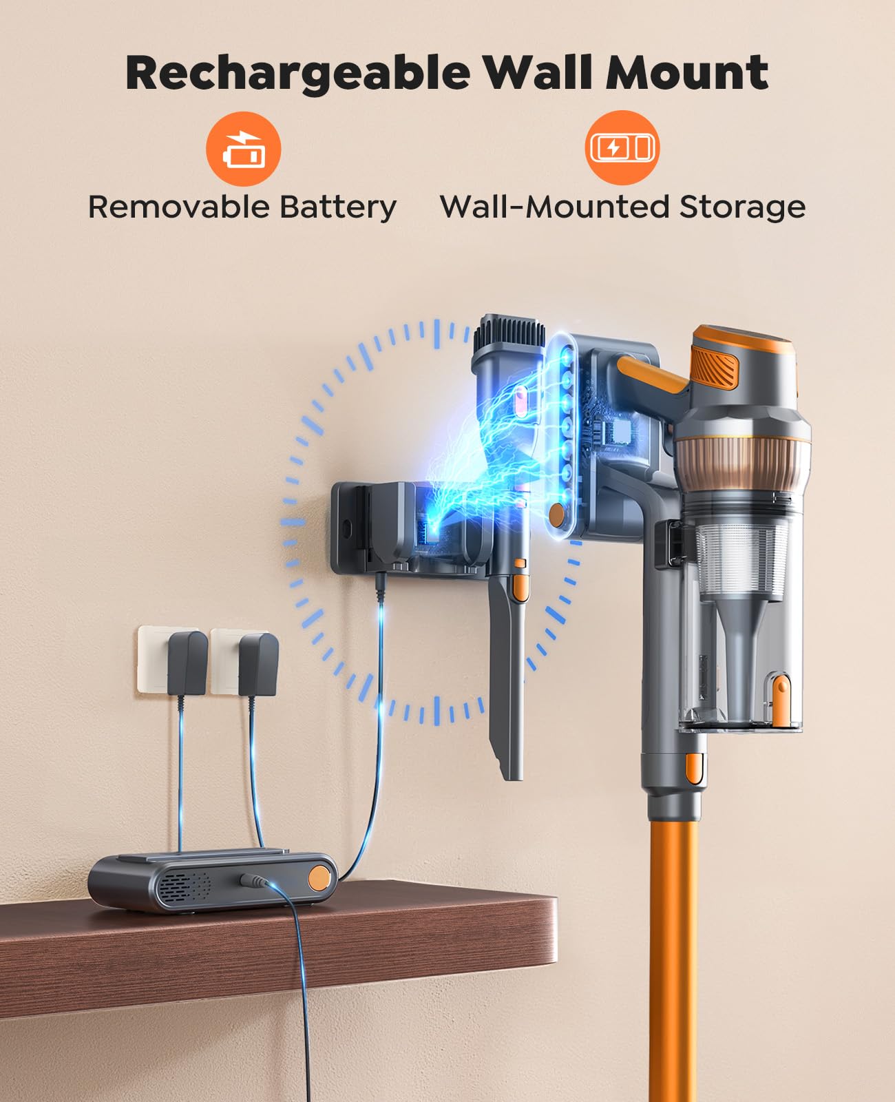 Self-standing VAC04 with wall mounted charging base for storage
