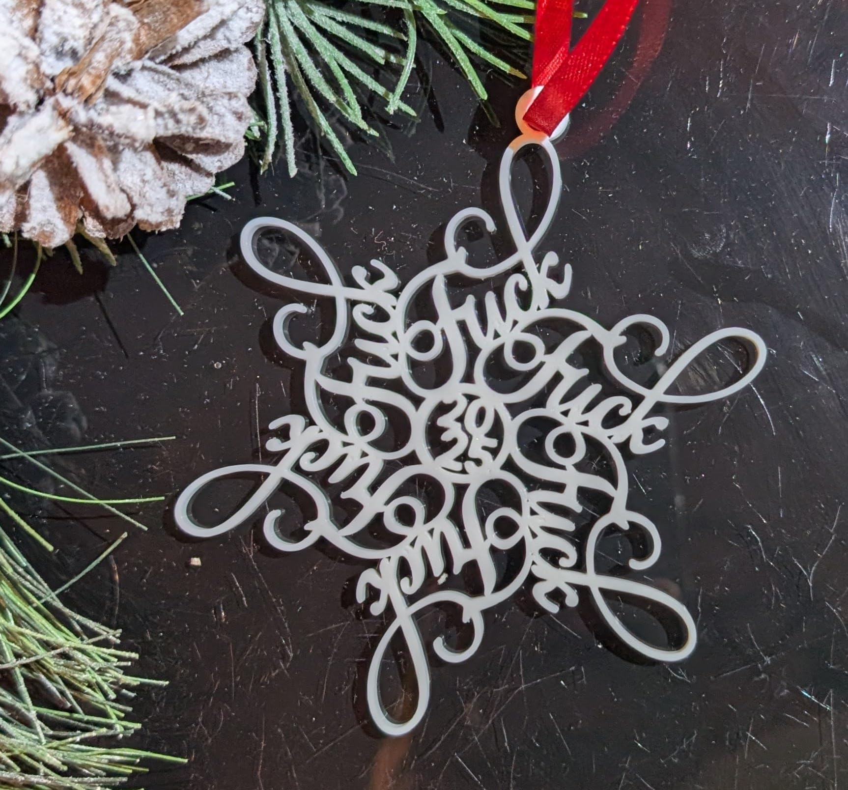 3D printed white PLA snowflake ornament F*ck Flakes 2025
