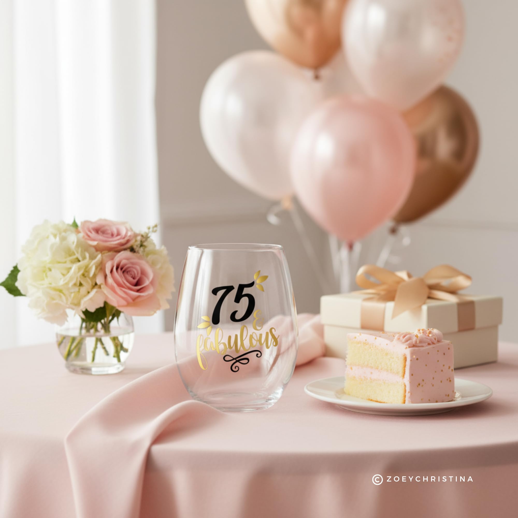 Foil lettering wine glass 75th birthday gift for her