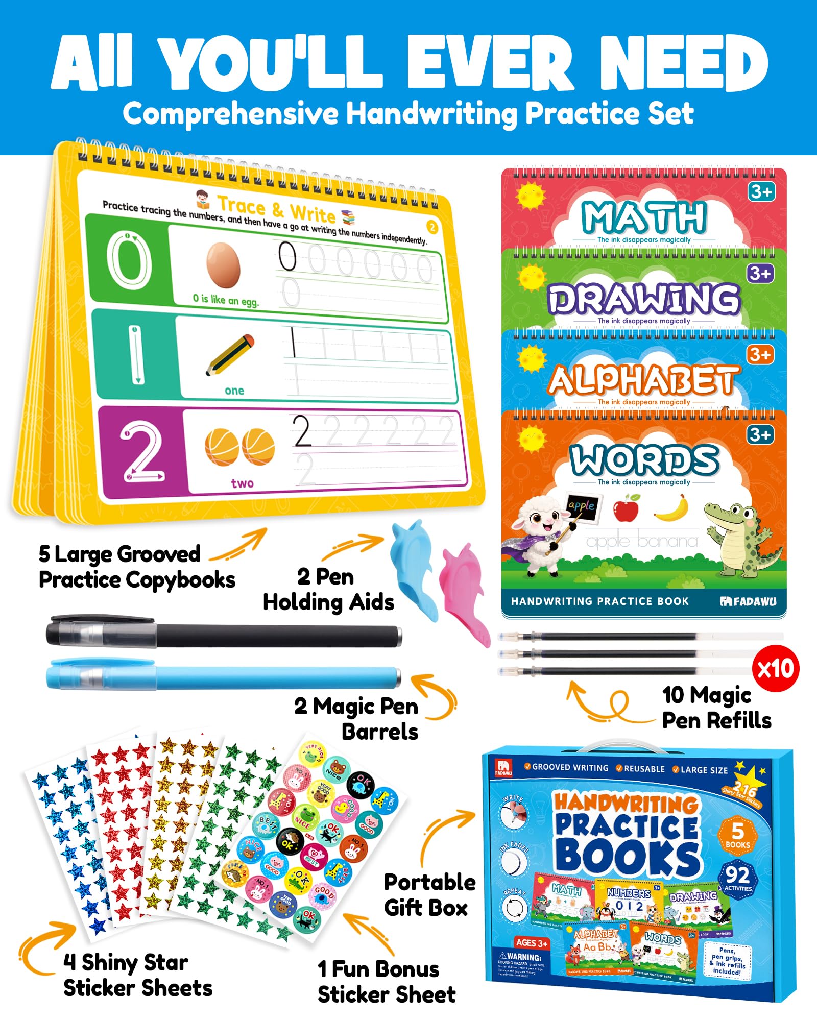 Two pens included in the FADAWU handwriting practice kit