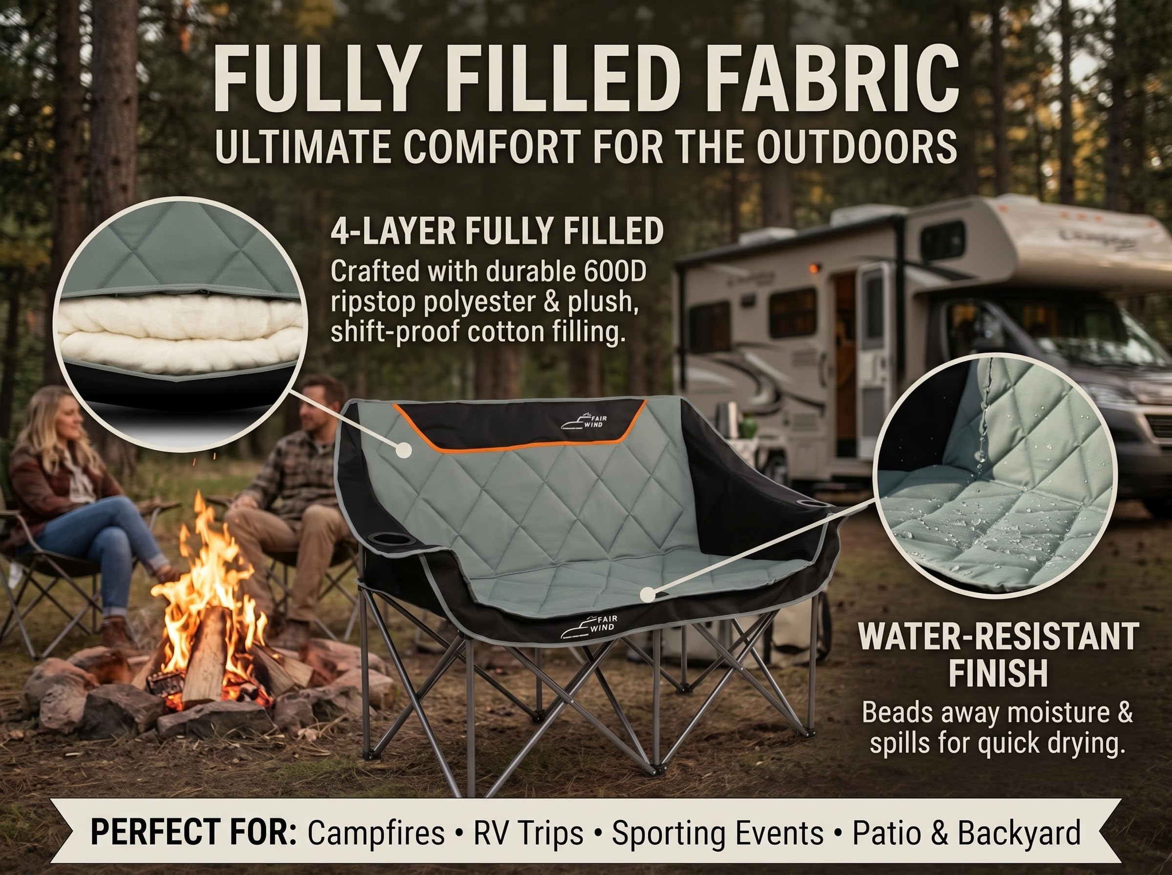 4-layer 600D ripstop polyester fully padded seating
