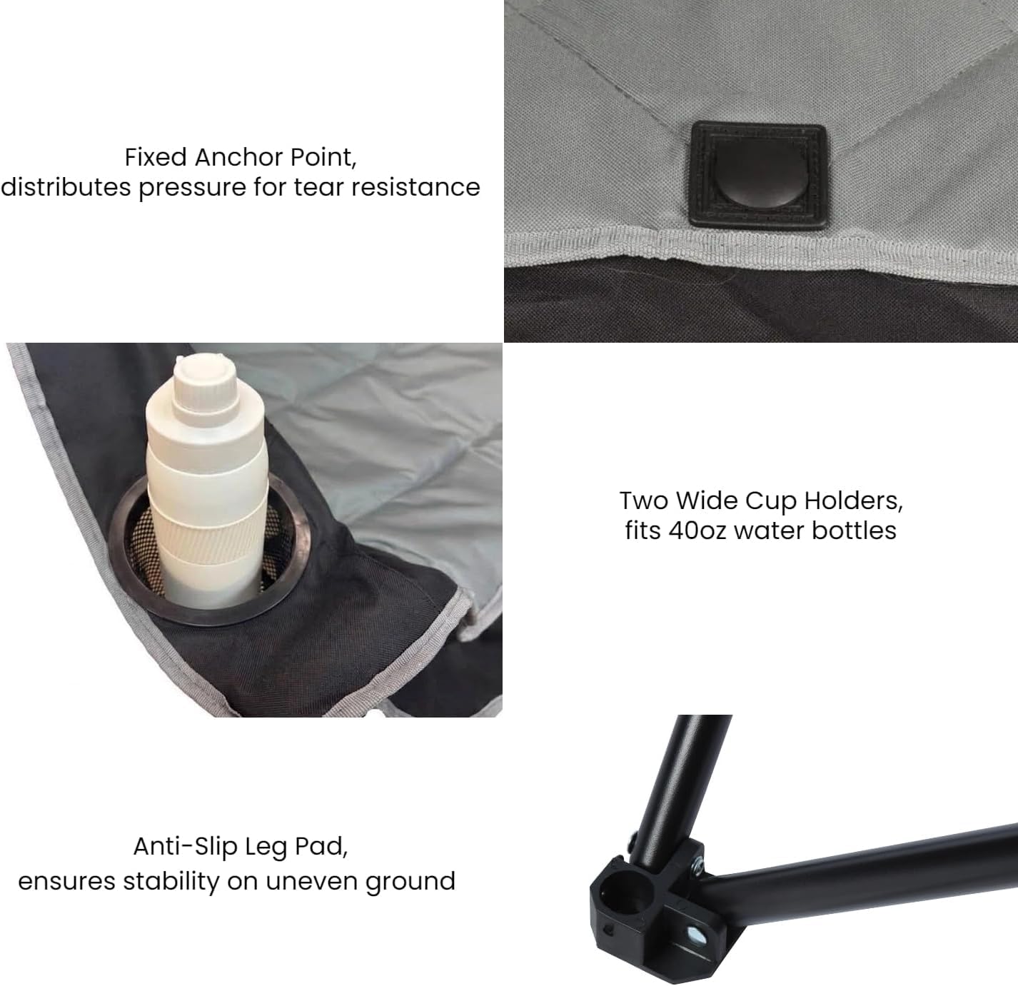 Built-in 40 oz cup holders on arm rests