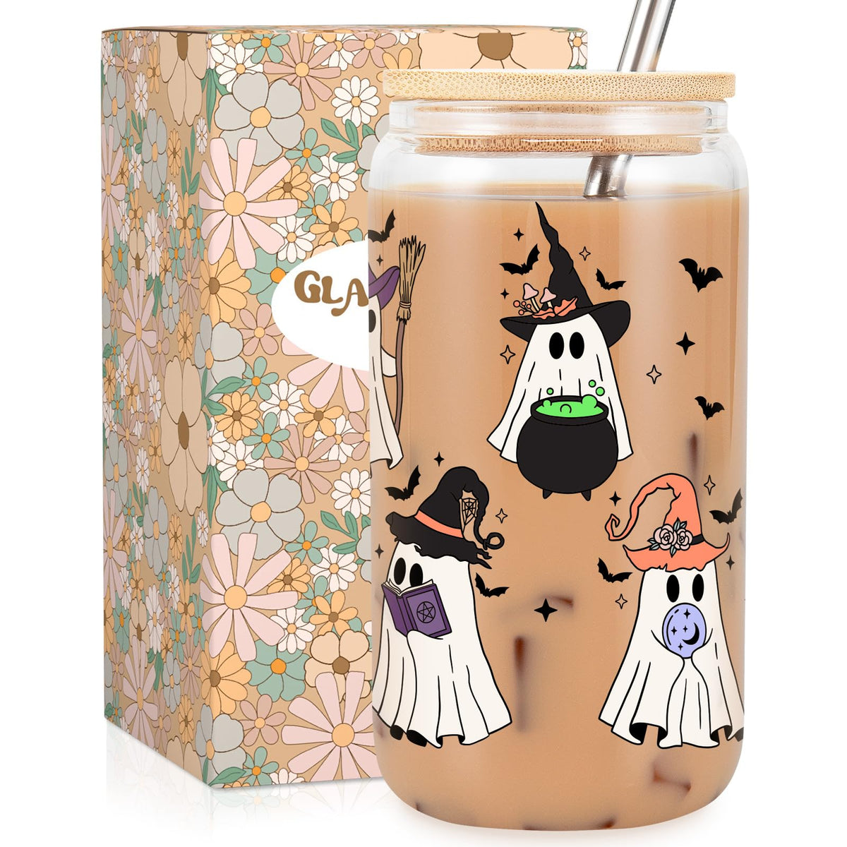 Fairy's Gift Witch Ghost Halloween Cup 16 oz glass tumbler with lid