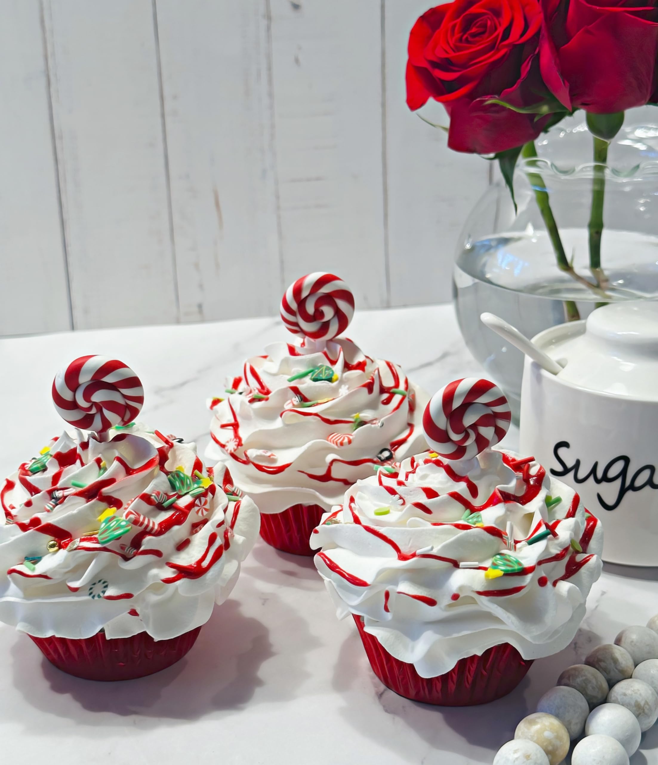Candyland Christmas themed fake cupcakes decor