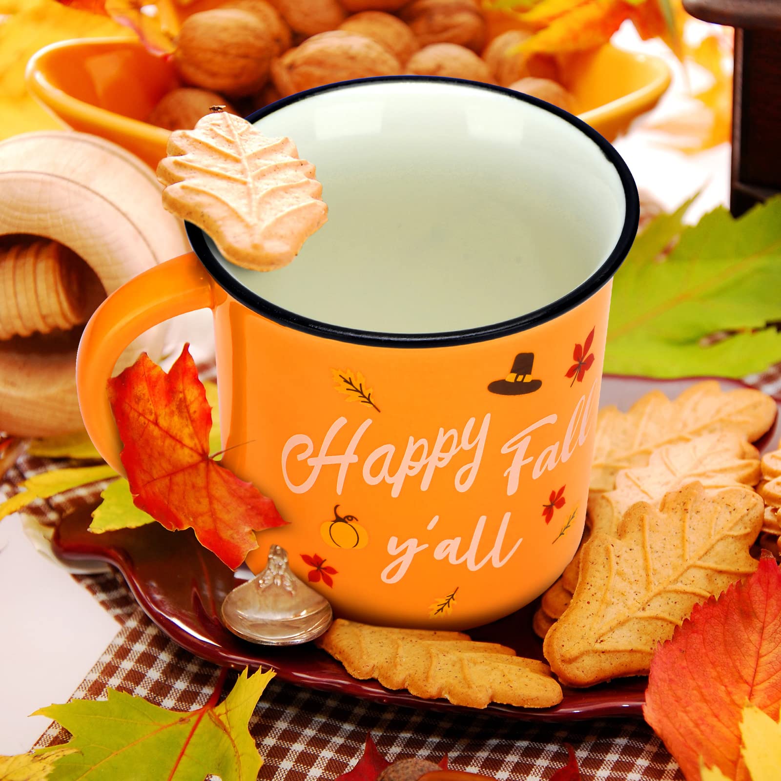Two fall ceramic coffee mugs with handles