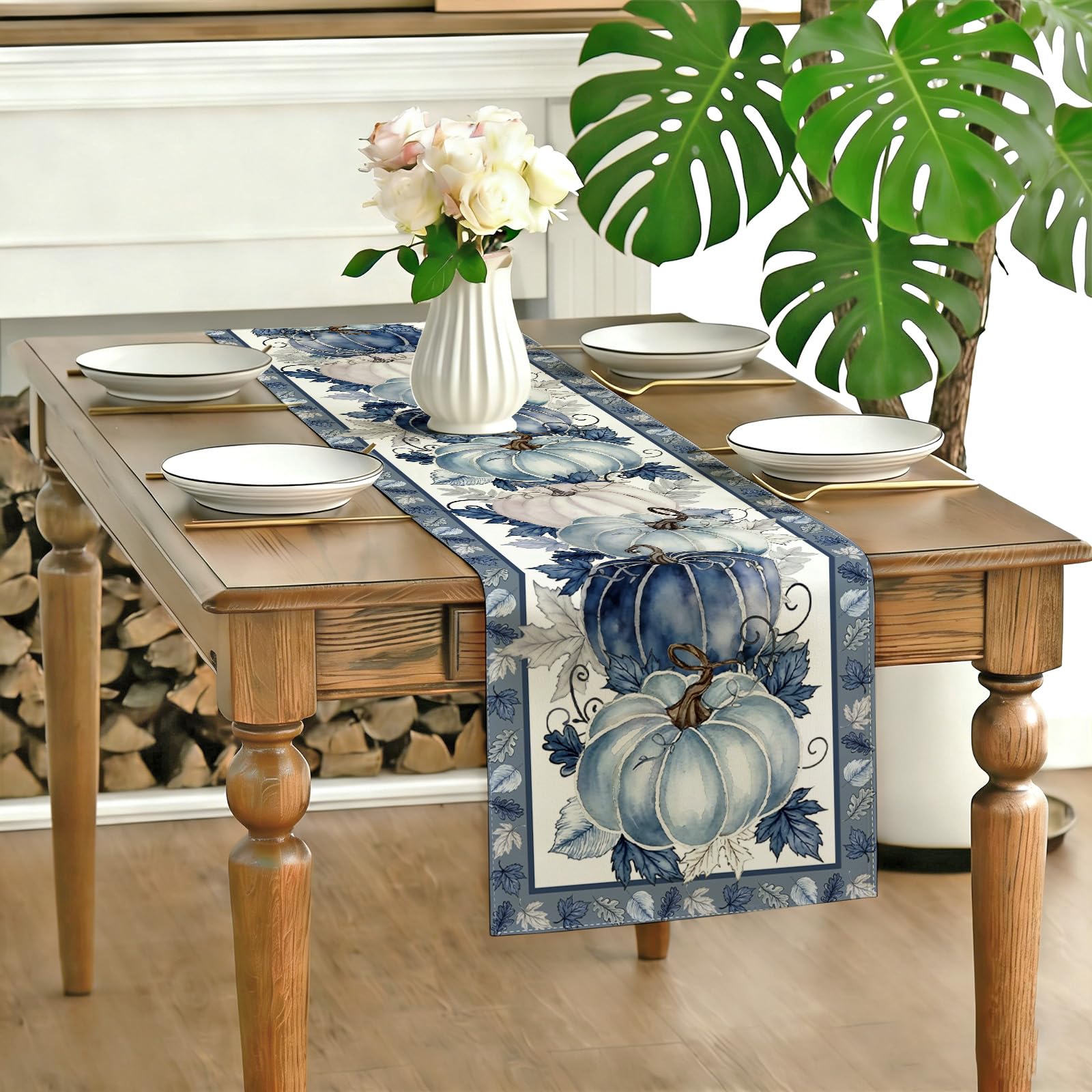 Thanksgiving party decor with colorful gingham runner on table