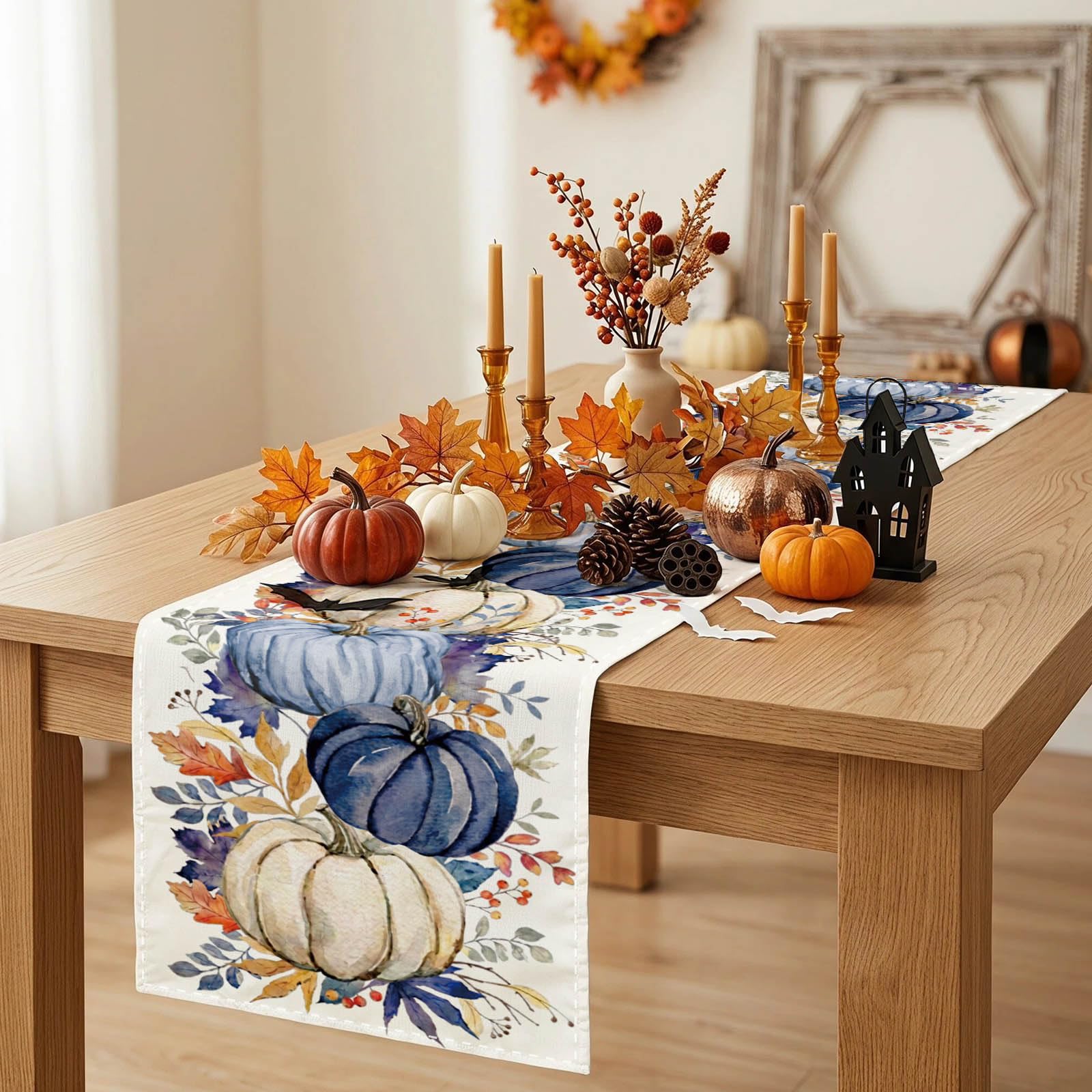 Blue Pumpkin Maple Leaf Fall Dinging Table Runner 13x72 Inch fabric detail