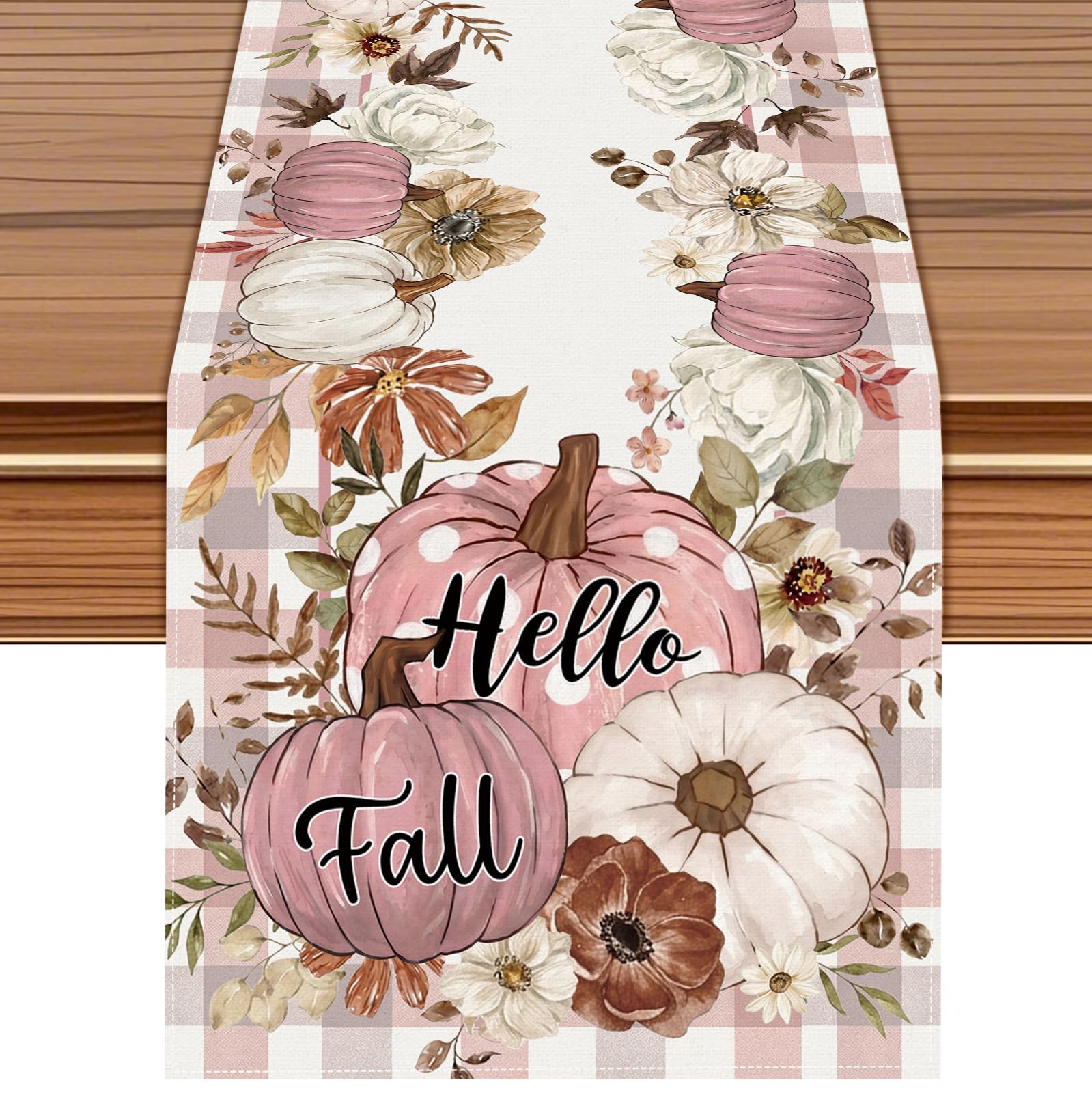 Fall Pumpkin Table Runner with watercolor pumpkins and pink plaid detail