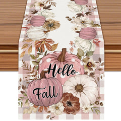 Fall Pumpkin Table Runner with watercolor pumpkins and pink plaid detail