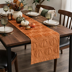 Fall Table Runner caramel 13x72 inches with pumpkin design on dining table
