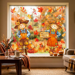 Scarecrow and pumpkin design on window cling with maple leaves