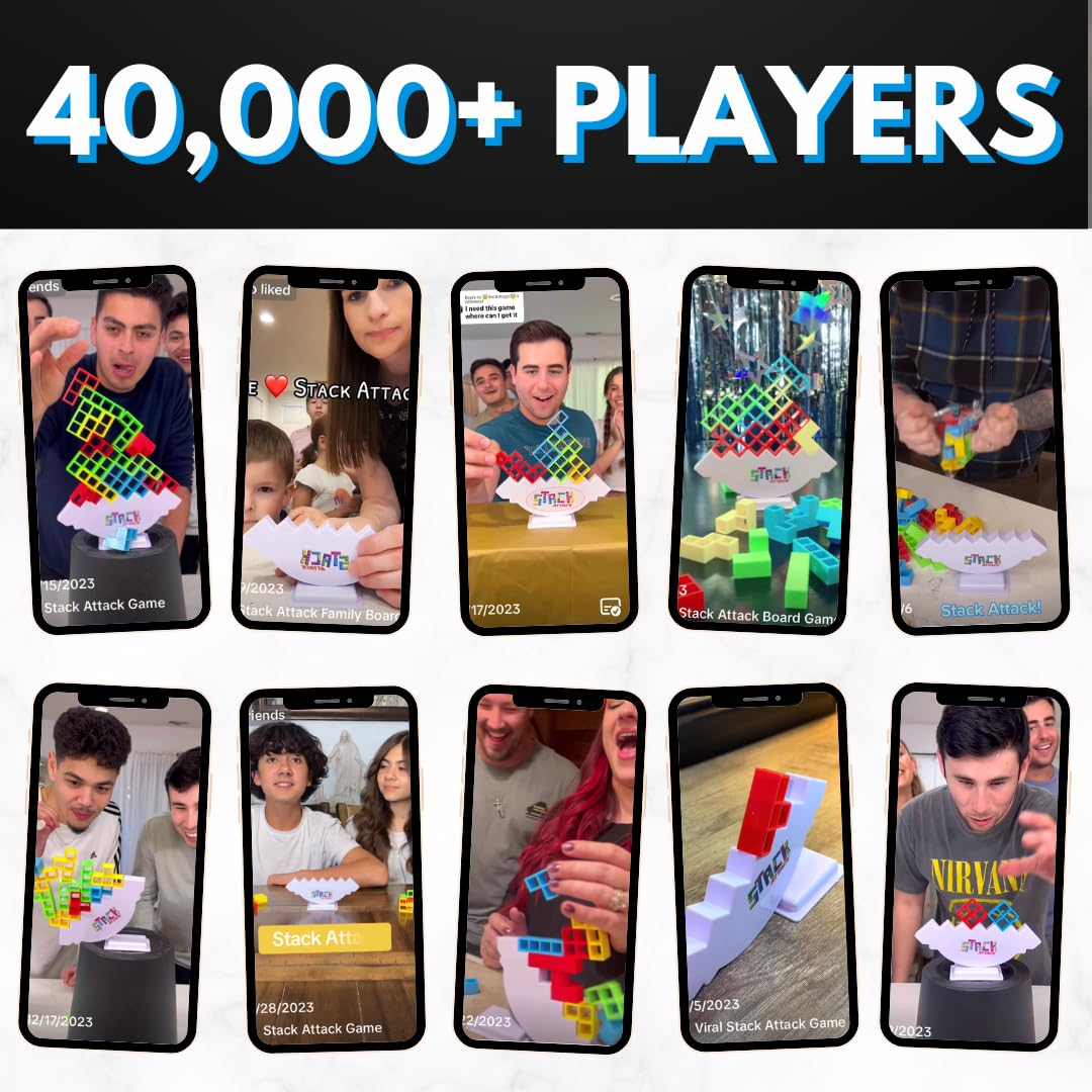 Family play scene with Stack Attack Tower Game