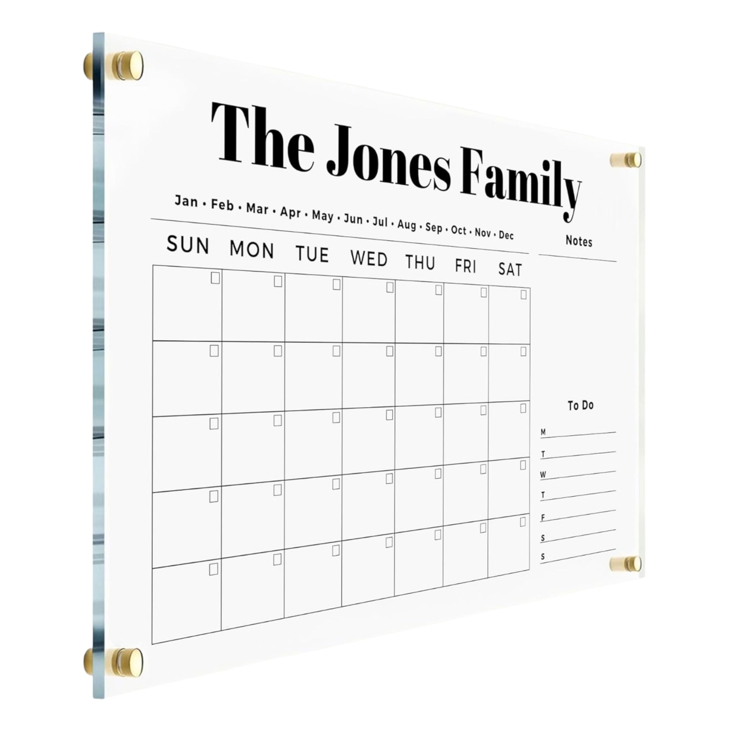 Family Calendar with Side Headers on acrylic surface