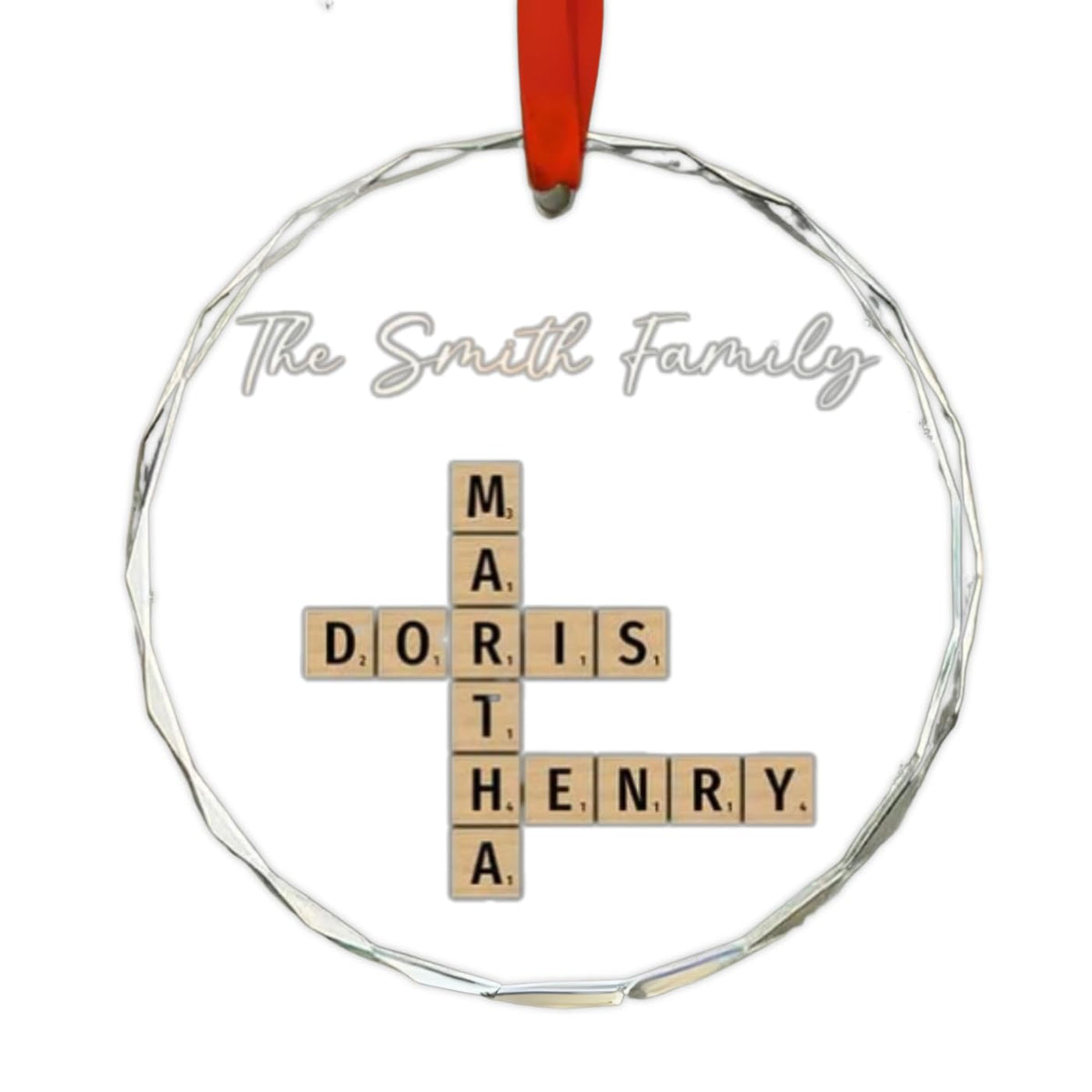 Family crossword art ornament with personalized names on clear glass